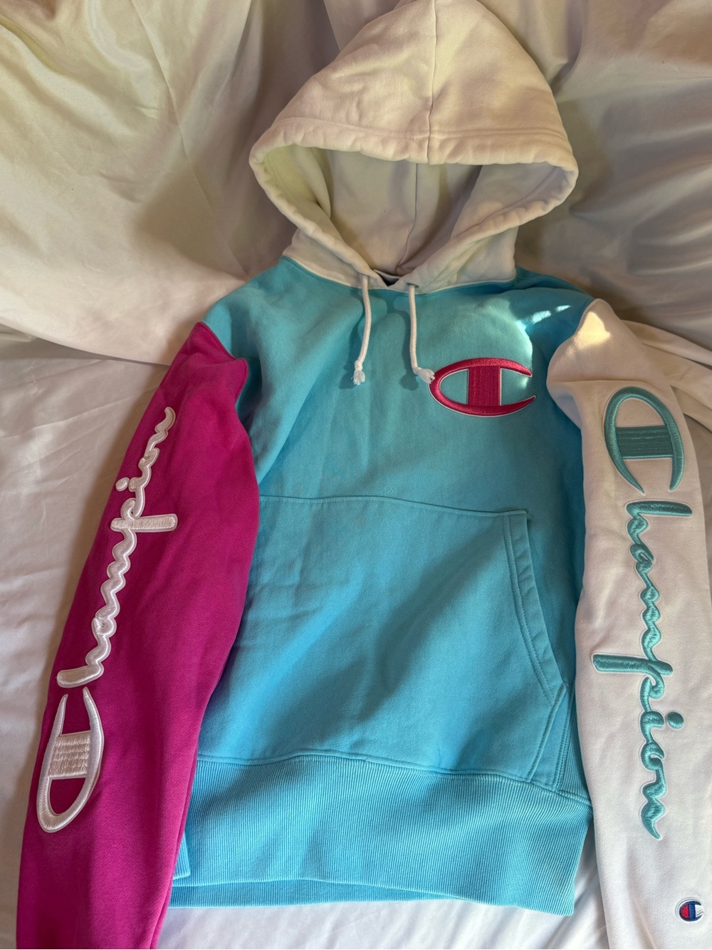 Champion Colorblock Hoodie - Aqua & White